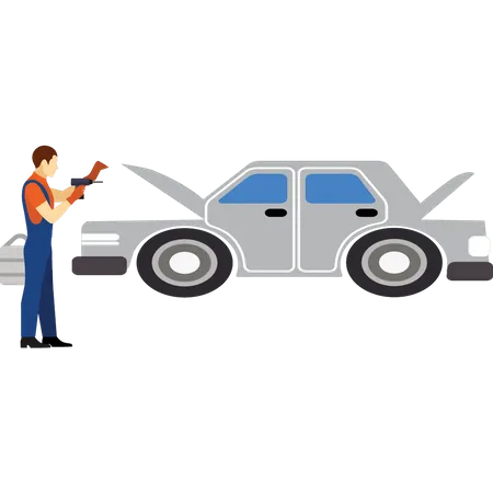 Male worker repairing car Illustration