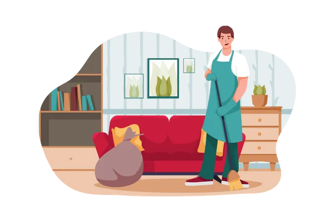 Male worker sweeping the floor Illustration