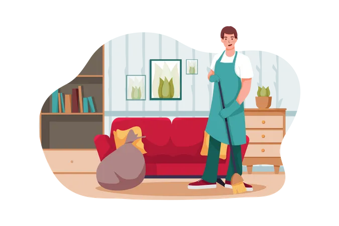 Male worker sweeping the floor  Illustration