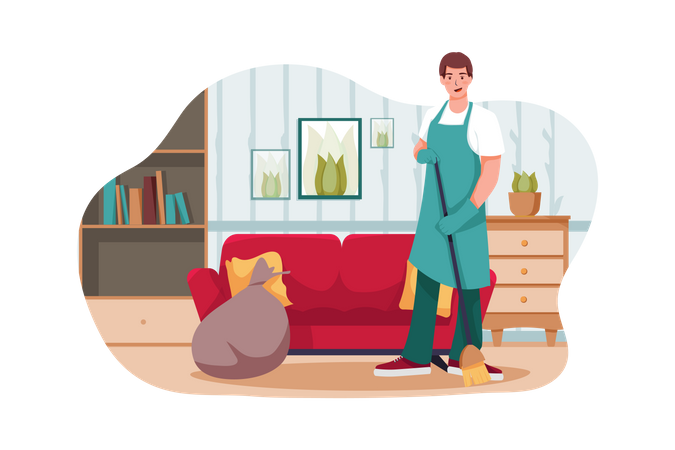 Male worker sweeping the floor  일러스트레이션