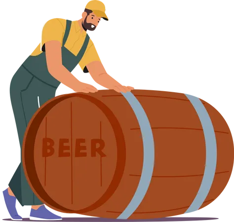 Male Worker Wear Uniform Rolls Beer Barrel  Illustration