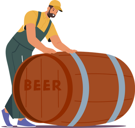 Male Worker Wear Uniform Rolls Beer Barrel  Illustration