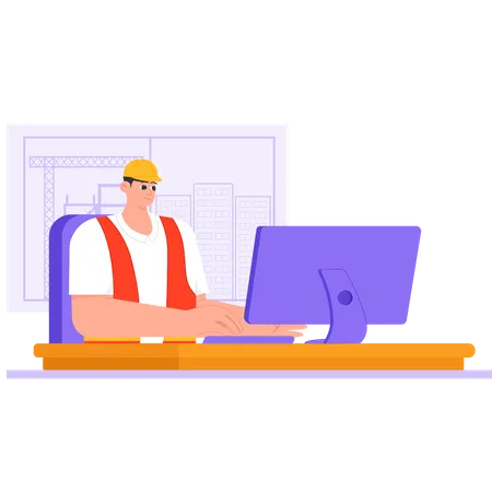 Male worker working on computer  Illustration