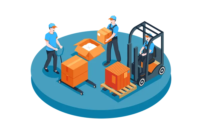 Male workers arranging boxes in warehouse Illustration
