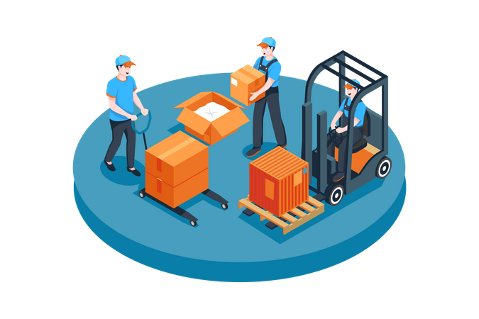 Male workers arranging boxes in warehouse  Illustration