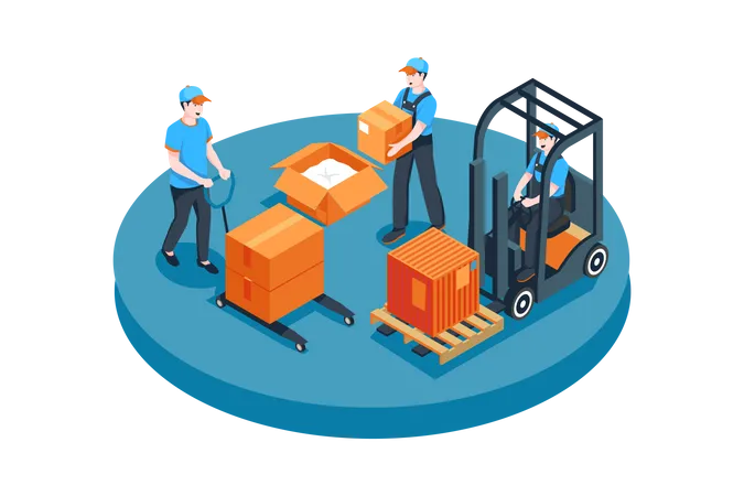 Male workers arranging boxes in warehouse  Illustration