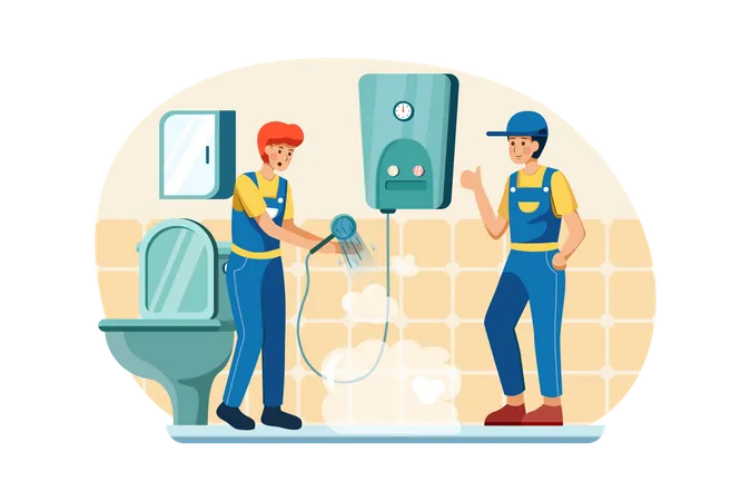 Male workers checking shower and geyser Illustration