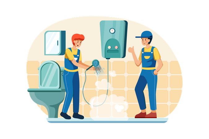 Male workers checking shower and geyser  Illustration