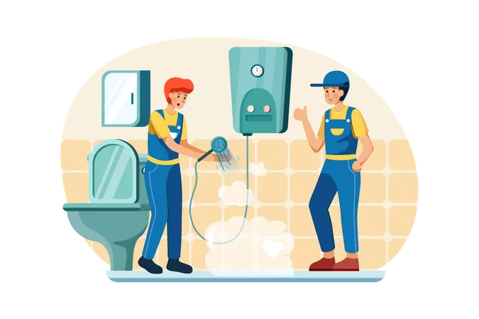 Male workers checking shower and geyser  Illustration