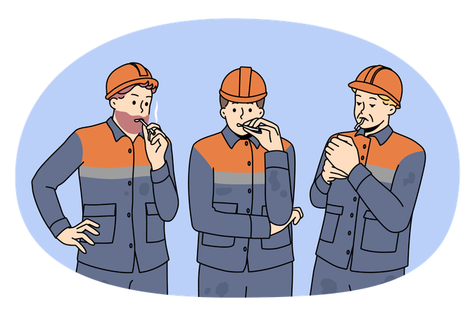 Male workers smoke at break at construction site  Illustration