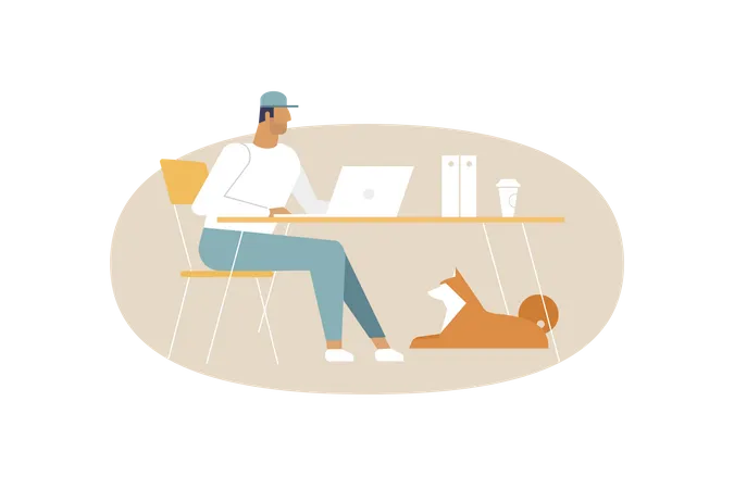 Vector Illustration Of Young Man Is Working At A Workplace And A Dog Is Lying Next To Him Illustration