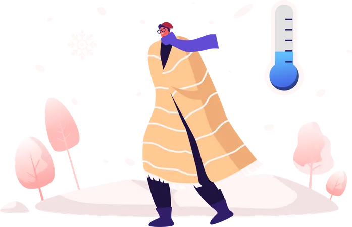 Male Wrapped in Plaid Wearing Warm Clothes Outdoor Illustration