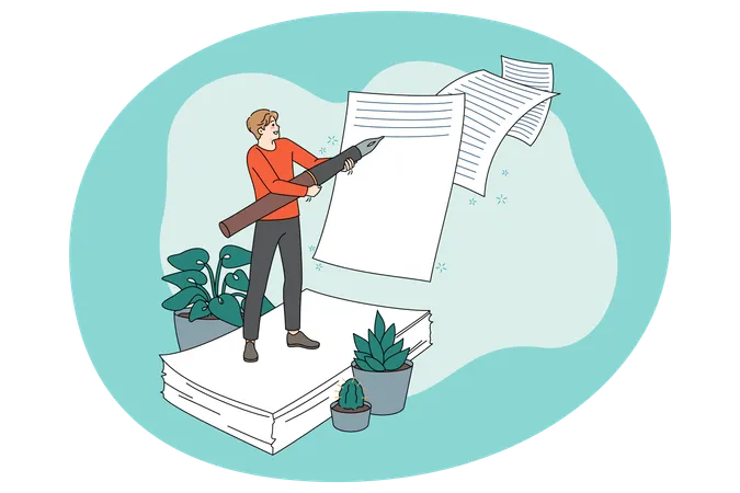 Male writer handwriting with huge pen  Illustration