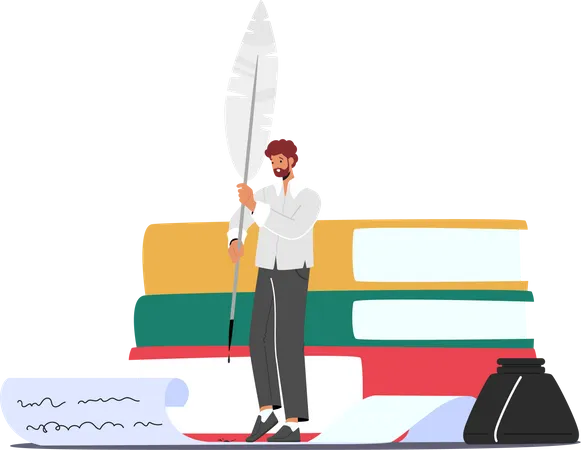 Writer Editor Male Character Writing Text With Huge Vintage Feather Pen On Paper Scroll With Pile Of Books Nearby Creative Inspired Author At Workplace Cartoon People Vector Illustration Illustration
