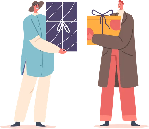 Male Characters Giving Presents To Each Other On Winter Holidays Or Birthday Celebration Festive Event With Gifts Friends Colleagues Or Relatives Happy Greetings Cartoon Vector Illustration Illustration
