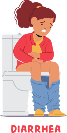 Une fille malheureuse souffrant de diarrhée est assise sur les toilettes  Illustration