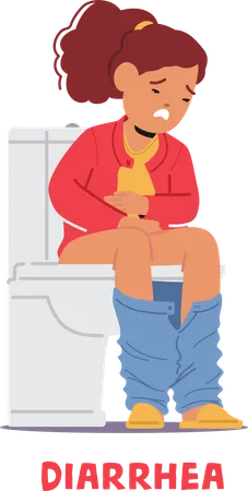 Une fille malheureuse souffrant de diarrhée est assise sur les toilettes  Illustration