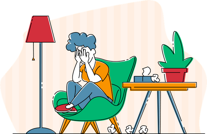 Malheureuse triste femme pleurant assise sur une chaise  Illustration