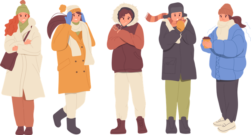 Personnages de personnes glaciales malheureuses portant des vêtements d'hiver chauds, tremblant, se sentant froid et malade  Illustration