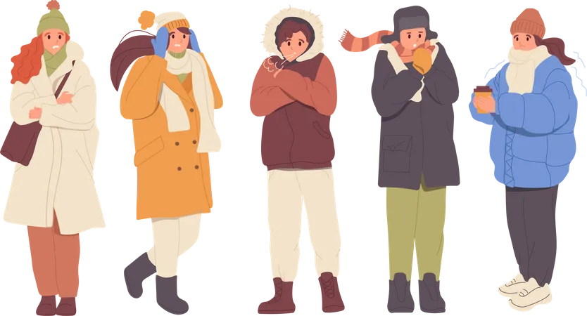 Personnages de personnes glaciales malheureuses portant des vêtements d'hiver chauds, tremblant, se sentant froid et malade  Illustration