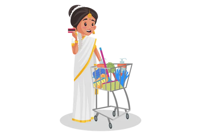 Maliyali woman Paying by card for household shopping items Illustration