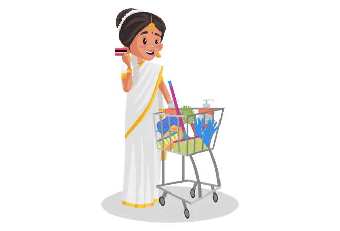 Maliyali woman Paying by card for household shopping items  Illustration