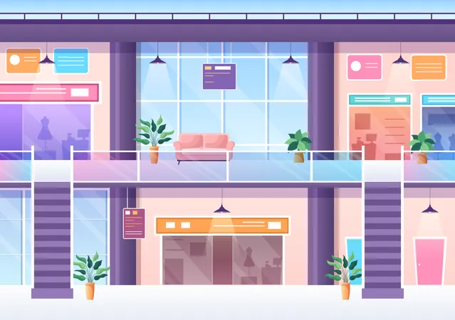 Shopping Mall Modern Background Illustration With Interior Inside Escalator And Various Retail Store In Flat Style Design Illustration