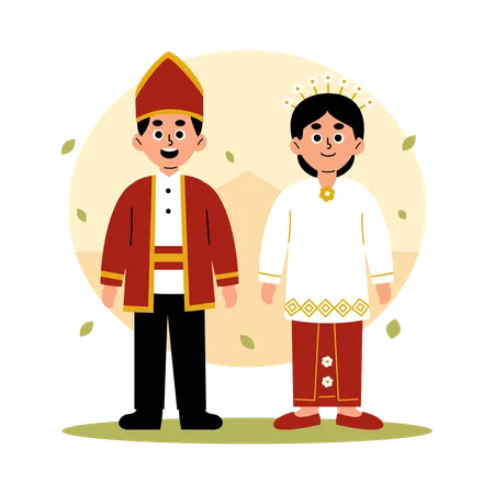 Illustration Of A Man And Woman Dressed In Traditional Maluku Clothing Showcasing The Rich Cultural Heritage Of Indonesia Illustration