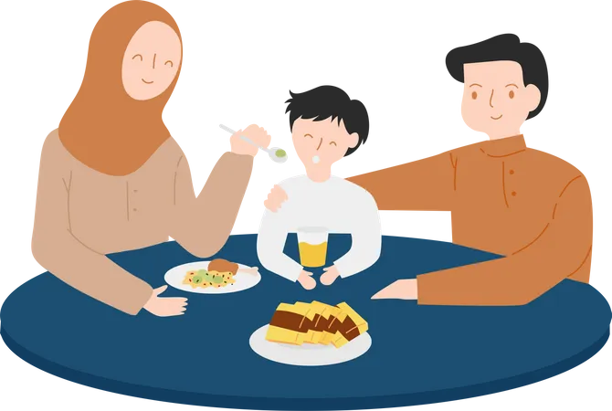 Mamá alimenta a un niño durante el ayuno del Ramadán  Ilustración