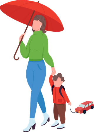 Mamá con niño en caminata bajo la lluvia  Ilustración