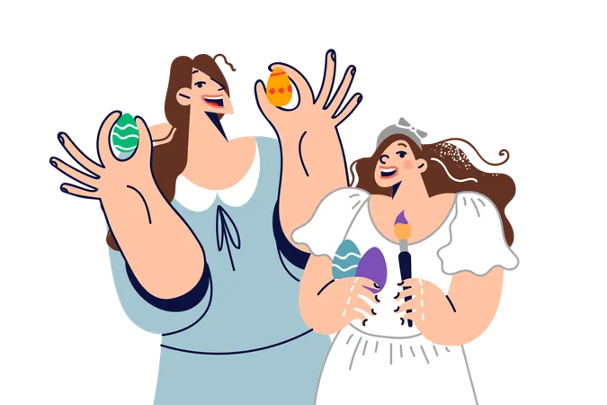 Mamá e hija decoran huevos de Pascua y se preparan para las vacaciones ortodoxas  Ilustración