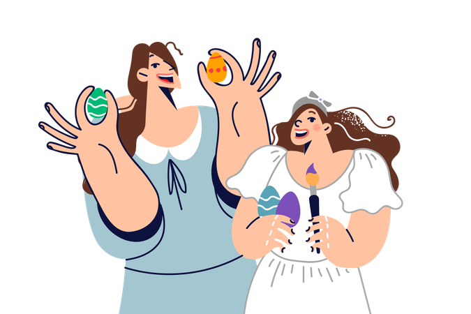 Mamá e hija decorando huevos de Pascua  Ilustración