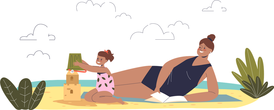 Mamá e hija disfrutando de la playa de verano  Ilustración