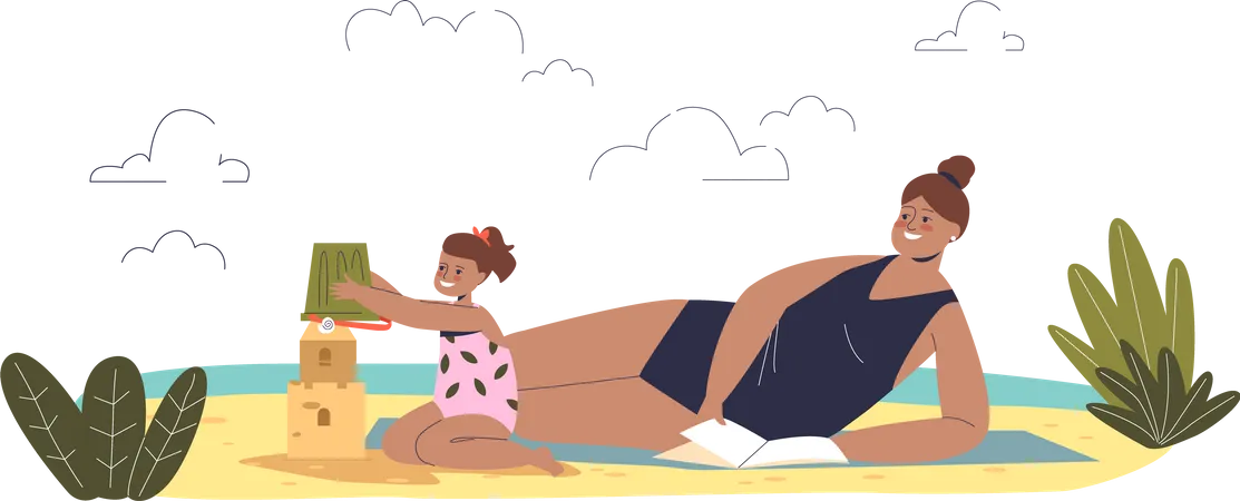 Mamá e hija disfrutando de la playa de verano  Ilustración