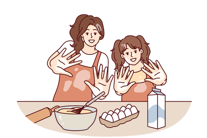Mamá e hija están preparando pastel juntas  Ilustración