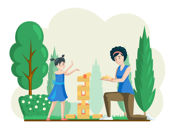 Mamá e hija jugando jenga juntas en el jardín  Ilustración