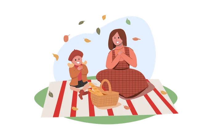 Mamá e hija hacen un picnic en el jardín  Ilustración
