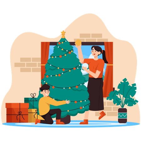 Mamá e hijo haciendo árbol de Navidad  Ilustración