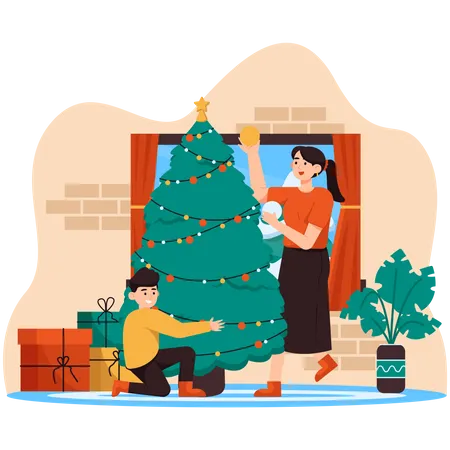 Mamá e hijo haciendo árbol de Navidad  Ilustración