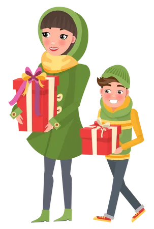 Mamá e hijo haciendo compras navideñas  Ilustración