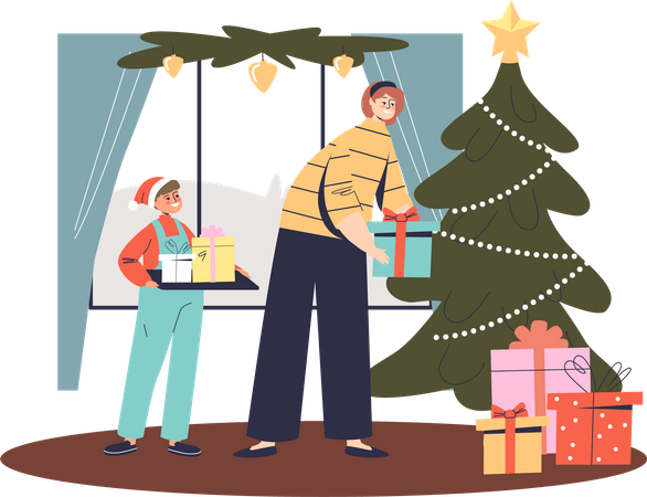 Mamá e hijo poniendo cajas de regalo de Navidad para Navidad  Ilustración