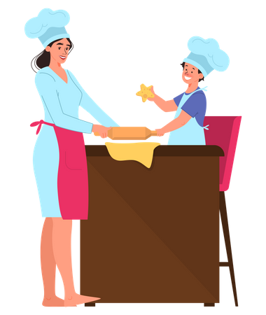 Mamá feliz y su hija cocinando  Ilustración