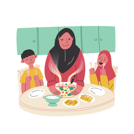Mamá prepara comida para sus hijos  Ilustración