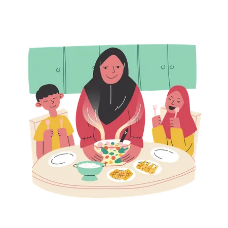 Mamá prepara comida para sus hijos  Ilustración