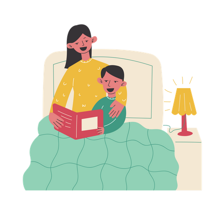 Mamá le lee cuentos a su hijo antes de dormir  Ilustración