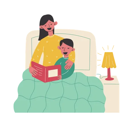 Mamá le lee cuentos a su hijo antes de dormir  Ilustración