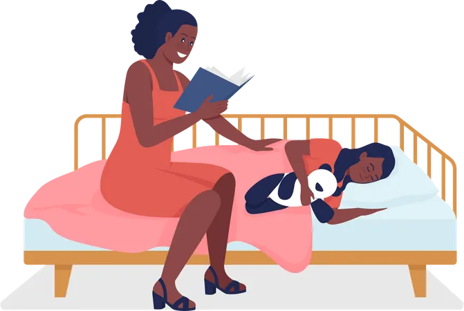 Mamá leyendo un cuento nocturno para su hija  Ilustración