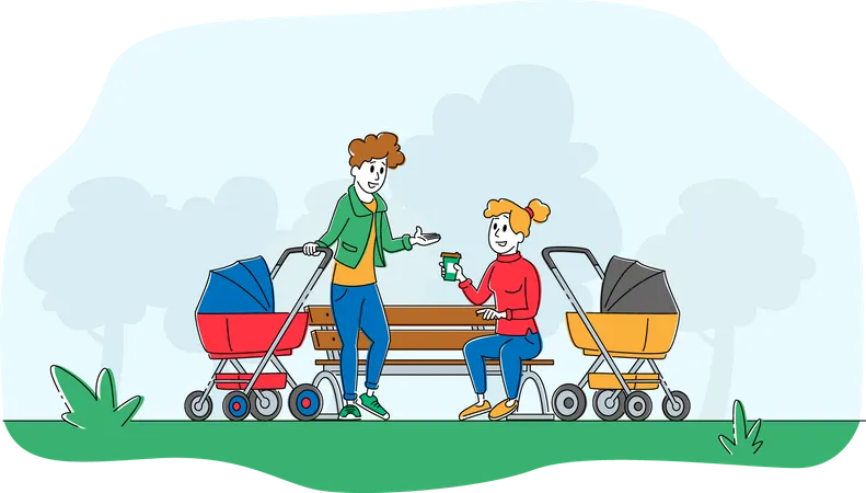 Mutter mit Kinderwagen trifft Freunde  Illustration