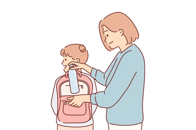 Mamá pone una botella de agua en la mochila escolar de su hija  Ilustración