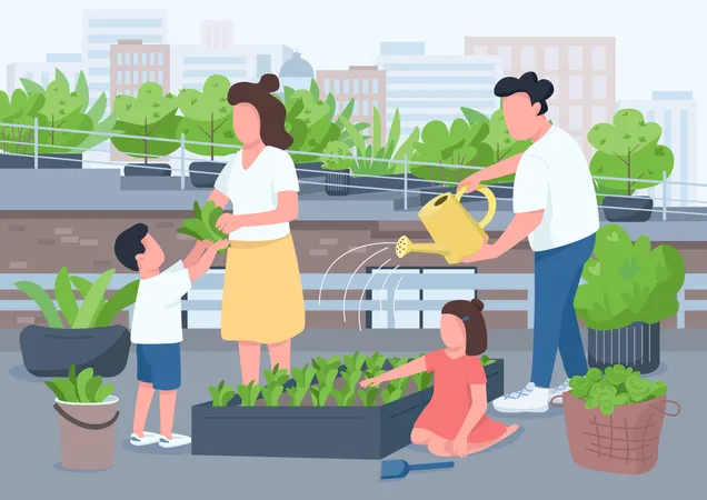 Mama und Papa bringen Kindern Gartenarbeit bei  Illustration